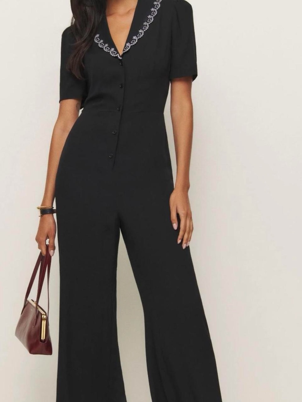 Reformation Erin Black Embroidered-Collar Wide-Leg Jumpsuit